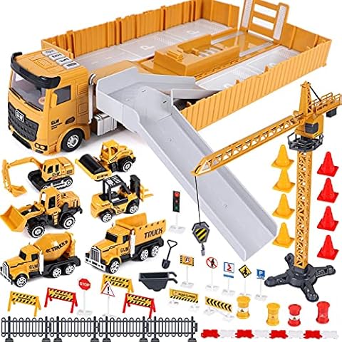 Baufahrzeuge Kinder groß LKW Fahrzeug Spielzeug mit Kran Spielzeug Bagger Dampfwalze Planierraupe Lastwagen Betonmischer Gabelstapler Konstruktionsfahrzeuge Geschenk für Kinder Jungen 4 5 6 7 8 Jahre Cover