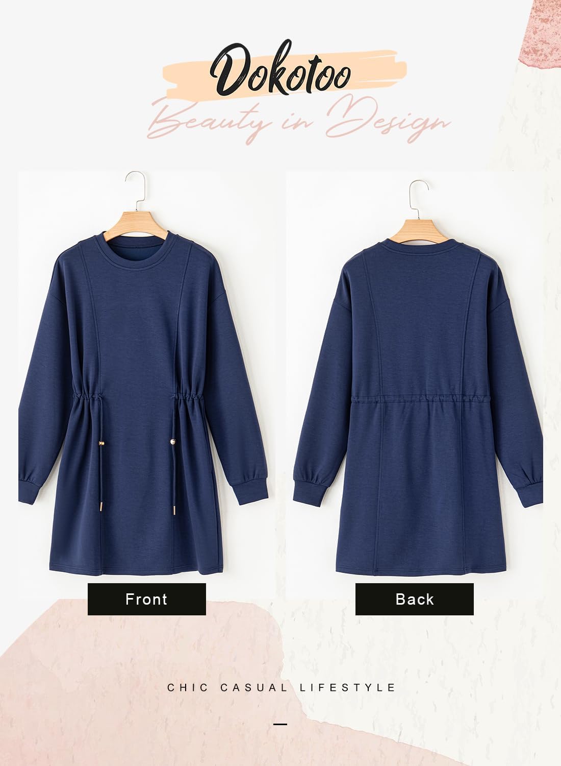 Dokotoo Women's Drawstrings Waistband Long Sleeves Crew Neck Sweatshirt Casual Mini Dress - Image 5