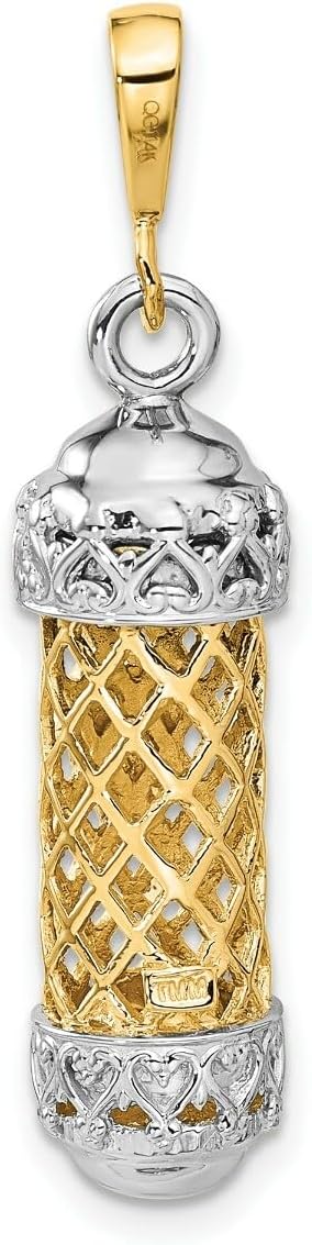 Gold Judaica 14K Yellow Gold w/White Rhodium Mezuzah W/Shin Charm