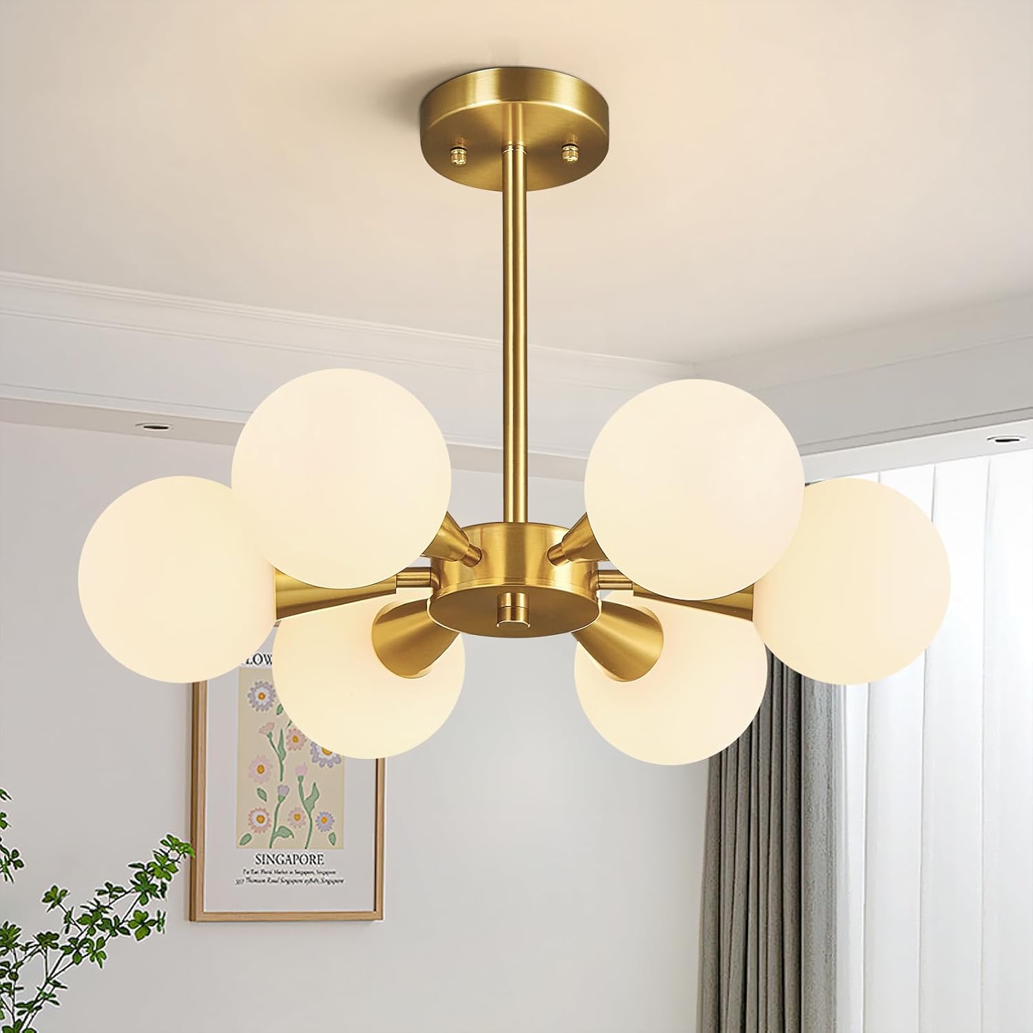 mid century modern ceiling light with milk white glass lampshade gold semi flush mount ceiling light fixture sputnik chandelier for bedroom living room dining room foyer hallway(6-lights) gold 6-lights
