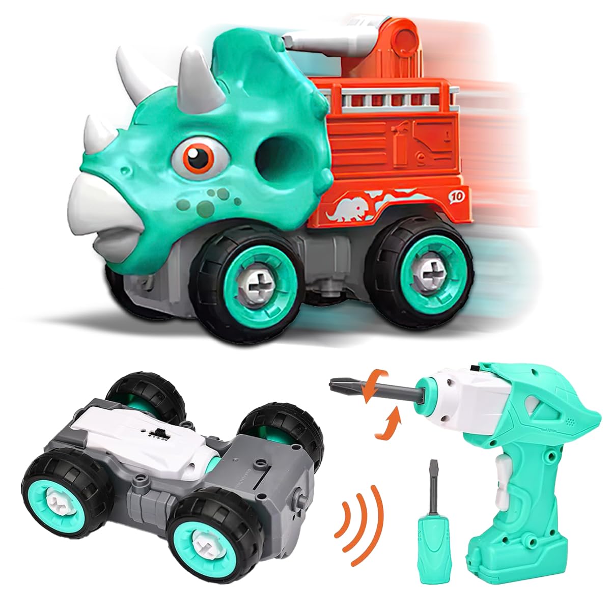 xwin sportseries Kids Take Apart Dinosaur Truck, 32 PCs RC Car Model Building Kit with 2-in1 Electric Drill & Remote Control Fire Truck, Imaginative Construction Gift Play Set for Children 3+ Years