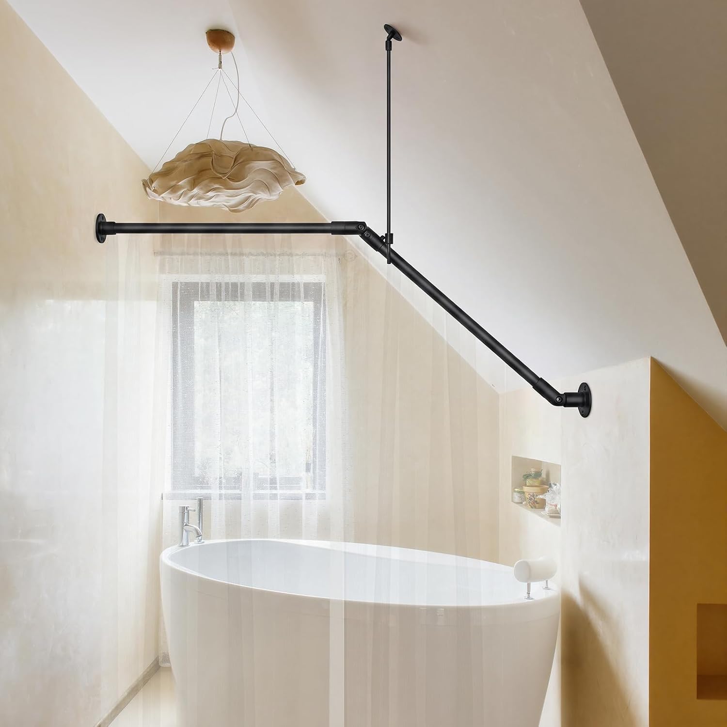 39" x 39" Sloped Ceiling Shower Rod, Corner Shower Curtain Rod for Angled Slanted Sloped Ceilings Rust Resistant Alloy for Bathtub and Bathroom (Black)