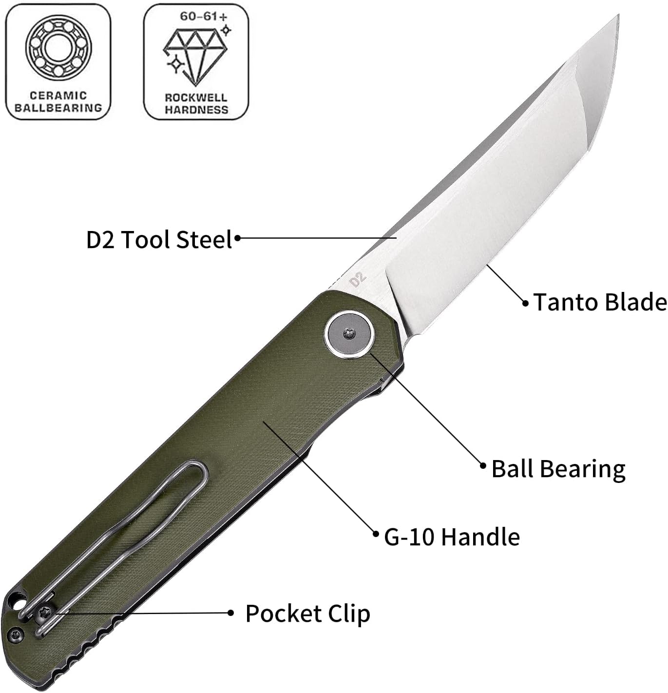 Miki Pocket Samurai Folding Knife, G10 Handle, Tanto w/ D2 Plain Blade, Outdoor Camping Hiking Knife Fishing And Everyday Carry, nique Tool Gift for EDC Men Women (Green)