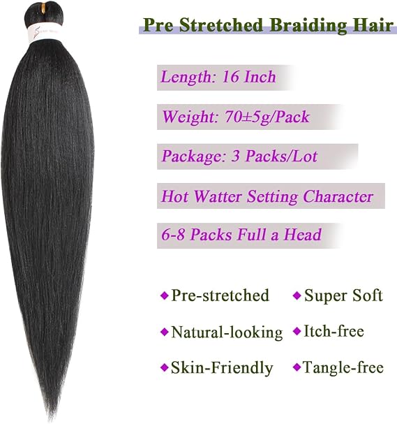 Kachanaa 16 Inch Pre Stretched Braiding Hair 3 Packs EZ Braids Yaki Hot Water Setting Kanekalon Hair for Braiding Yaki Texture Black Pre Stretched Braiding Hair Extensions 1B#