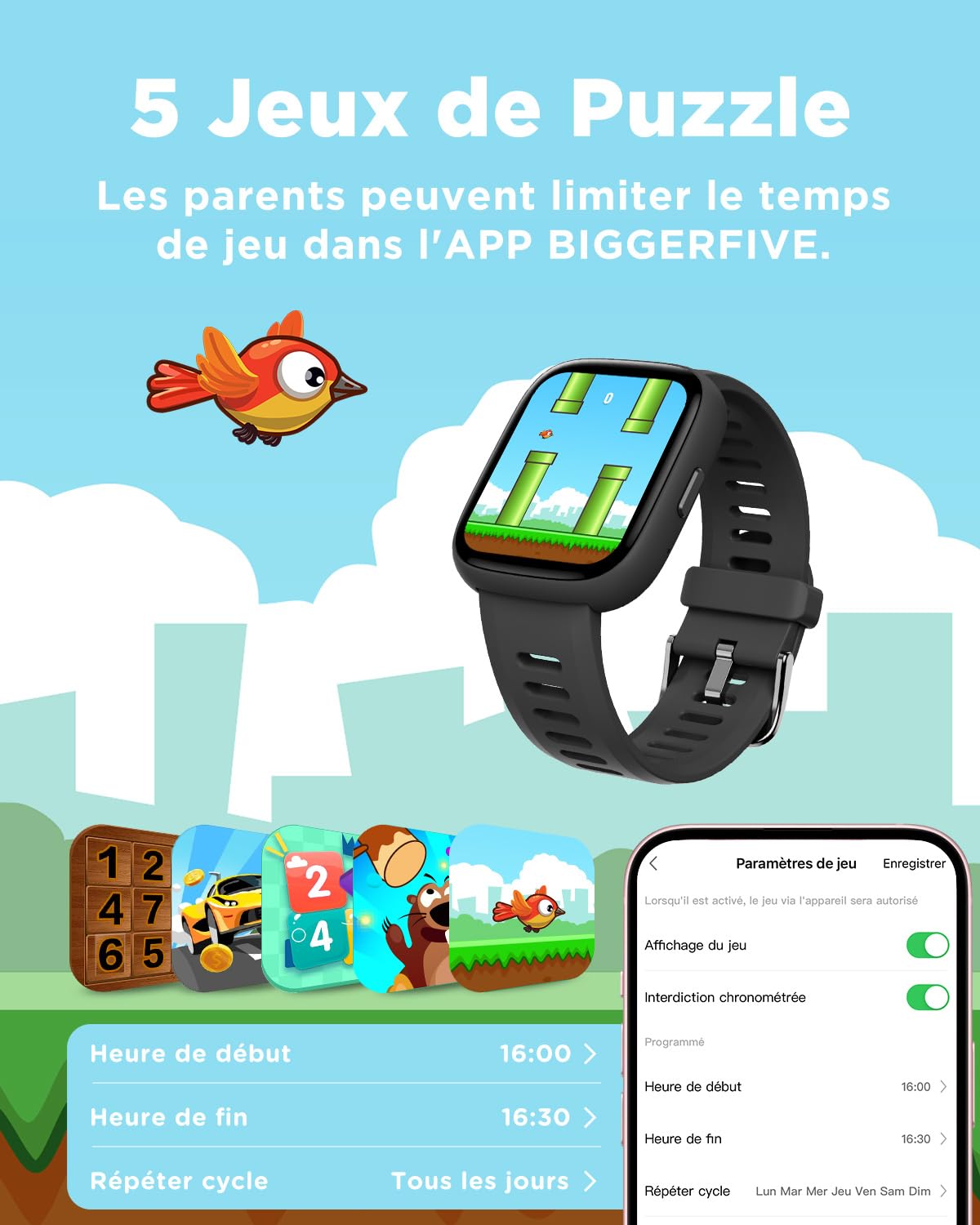 BIGGERFIVE Montre Enfant Connectée ou Non, 1,8" Smartwatch Podomètre | Cardiofrequencemètre, IP68 Étanche, Moniteur de Sommeil, Jeux de Puzzle, 100+ Cadrans pour Garçons Filles Ados 5-16