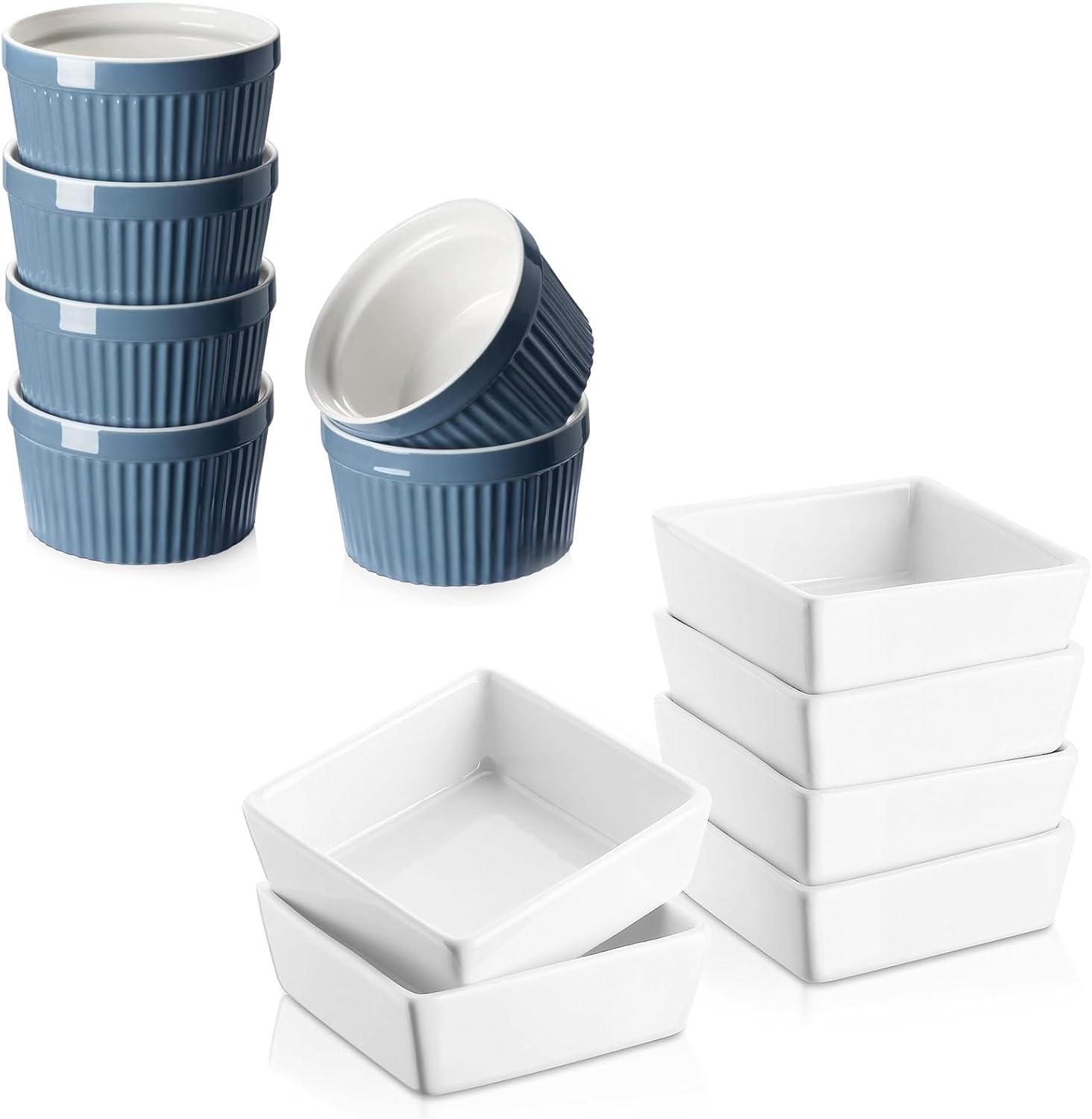 DOWAN Ramekins 6 oz Oven Safe - Square Ramekins for Creme Brulee, Porcelain Souffle Ramekins for Baking, Dessert Bowls Appetizer Bowls Dipping Sauce Dish, Set of 6, White