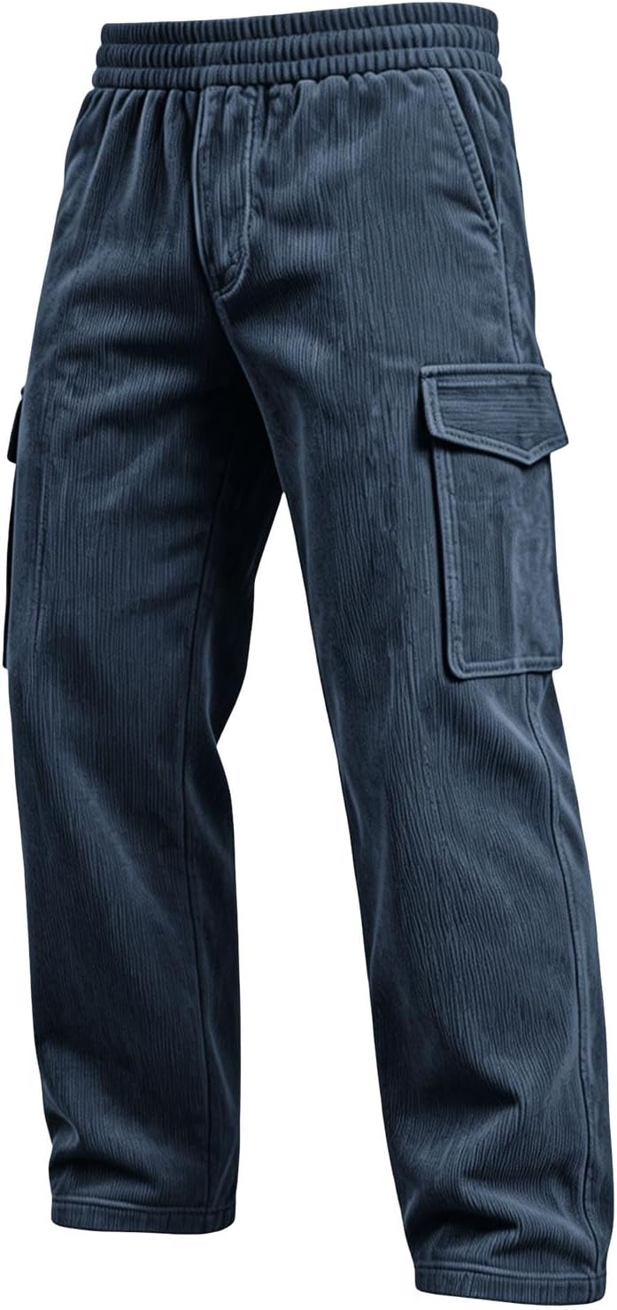 Men Corduroy Cargo Pants Drawstring Waist Straight Leg Trousers | Elastic High Waist,Vertical Stripe,Side Cargo Pockets,Smooth Comfortable,Daily Streetwear,Weekend Outings,Fall Casual Wear