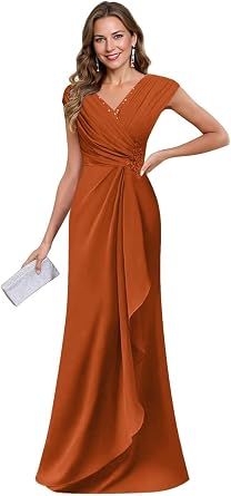 Cap Sleeve Mother of The Bride Dresses - Chiffon V Neck Ruffle Formal Dress for Wedding