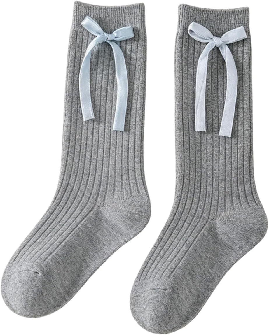 Girls Bow Crew Socks Ribbed Knit Dress Socks for Loafers