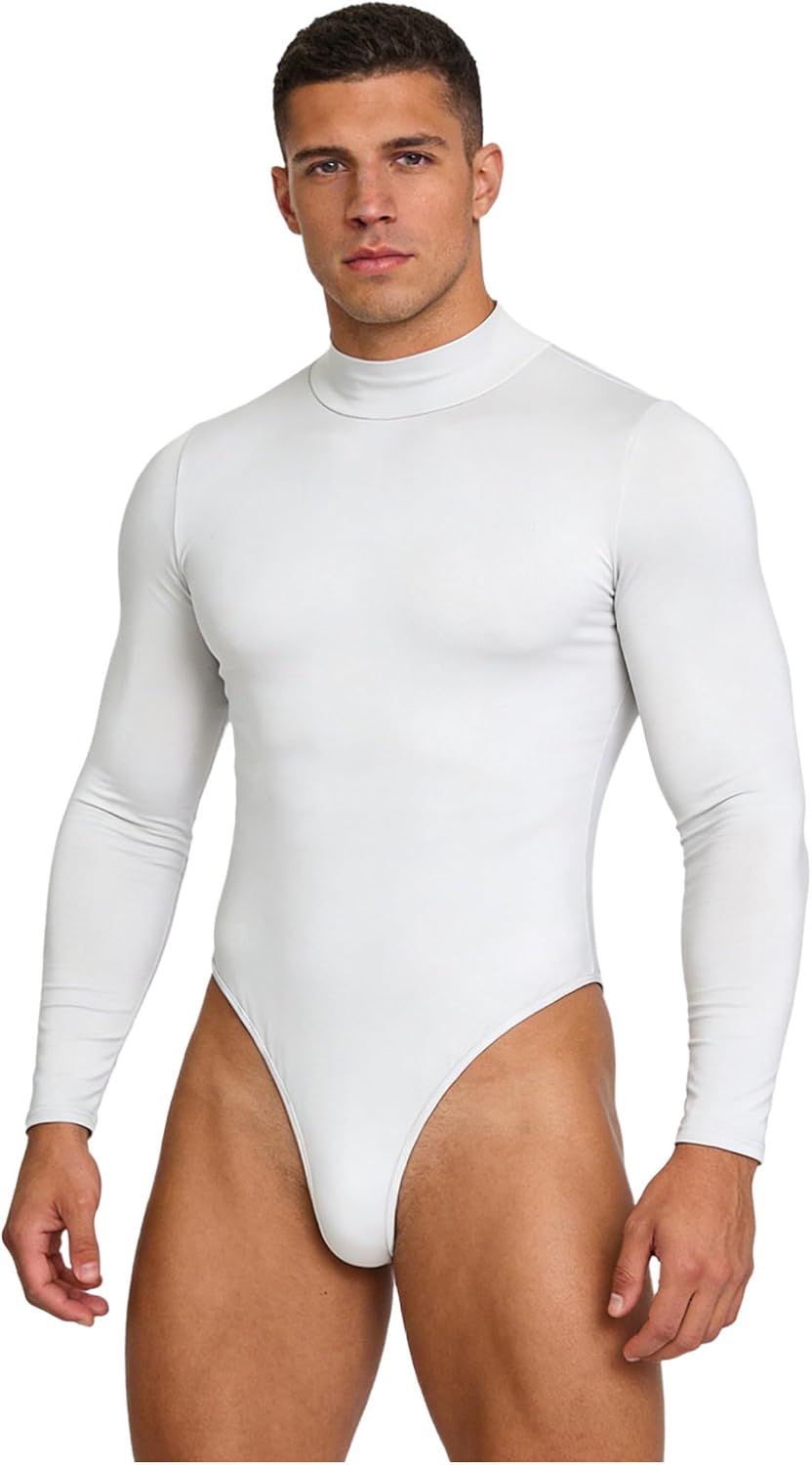 ranrann Mens Mock Neck Long Sleeve Bodysuit Slim Fit Stretchy Full Body Leotard For Dance