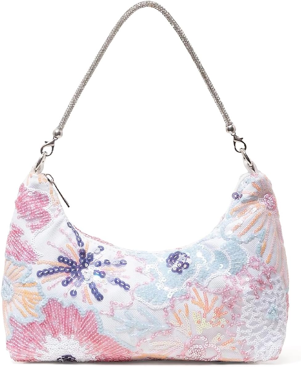 Women’s Beaded Sequin Floral Evening Bag Embroidered Top Handle Underarm Shoulder Handbags for Wedding Party Prom