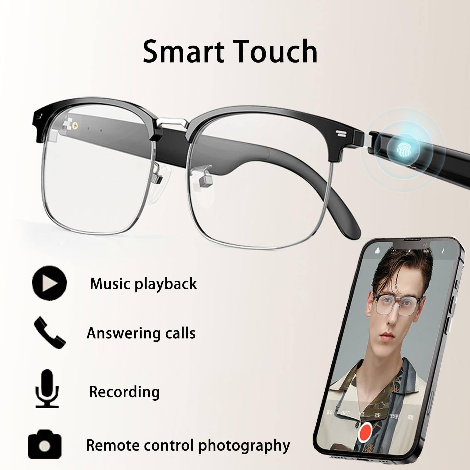 Lunettes intelligentes Bluetooth, 144 langues traduction AI, voix + appels téléphoniques + écoute de musique, anti-bleu (B, B)
