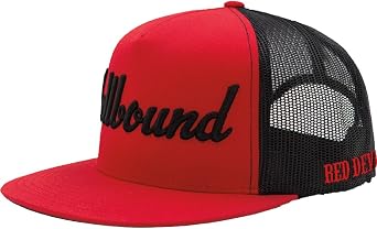 Hellbound Trucker Cap for Men Flat Bill Mesh Snapback Hat 5-Panel Red Cap with Bold Black Hellbound Front One Size Adjustable Cotton/Poly/Nylon Blend Outdoor Summer Baseball Hat