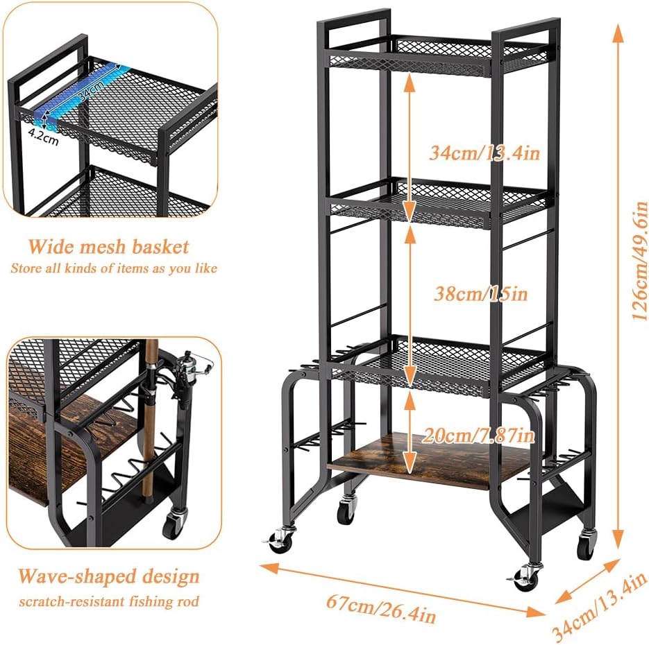 Fishing Rod Holders For Garage, 4-Tier Rolling Fishing Rod Rack with Hooks, Fishing Rod Storage Organizer To 10 Rods Fishing Tackle Shelf for Anglers, For Garage Basement Or Indoor (Black)