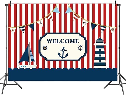 Miniatura 4 de Fanghui Fondo de fotografía para fiestas temáticas náuticas de 7 x 5 pies, color rojo y blanco, a rayas marinas, barco, decoración de fondo para