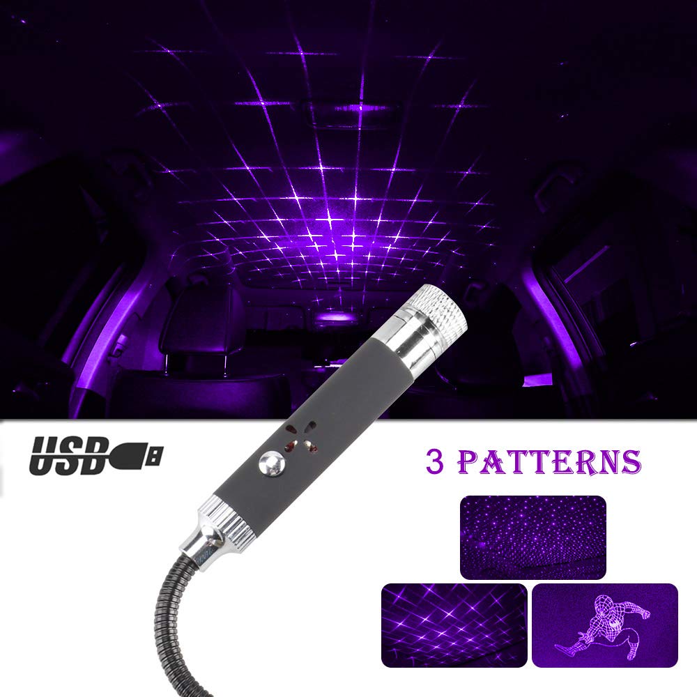 KaiDengZheUSB Star Light Sound Activated 3 Lighting Image + 3 Functional Modes Car Ceiling Interior Light Portable Decorations Light for Bedroom, Car, Party, Ceiling (Blue-violet)