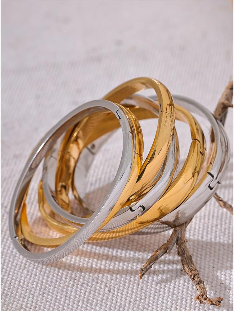 Mchic Bangle Bracelets for Women: 18K Gold/Silver Plated Stainless Steel Waterproof Bangles for Small Wrists Non Tarnish Closed Oval Cuff with Openable Gold Jewelry - Image 6