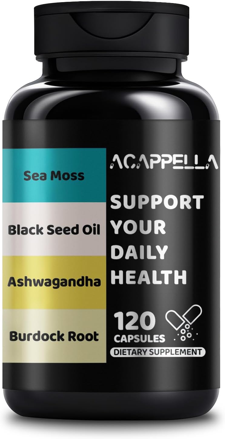 ACAPPELLA Ashwagandha Capsule with Black Seed Oil Capsules Sea Moss Burdock Root Bladderwrack Supplement - 120 Count