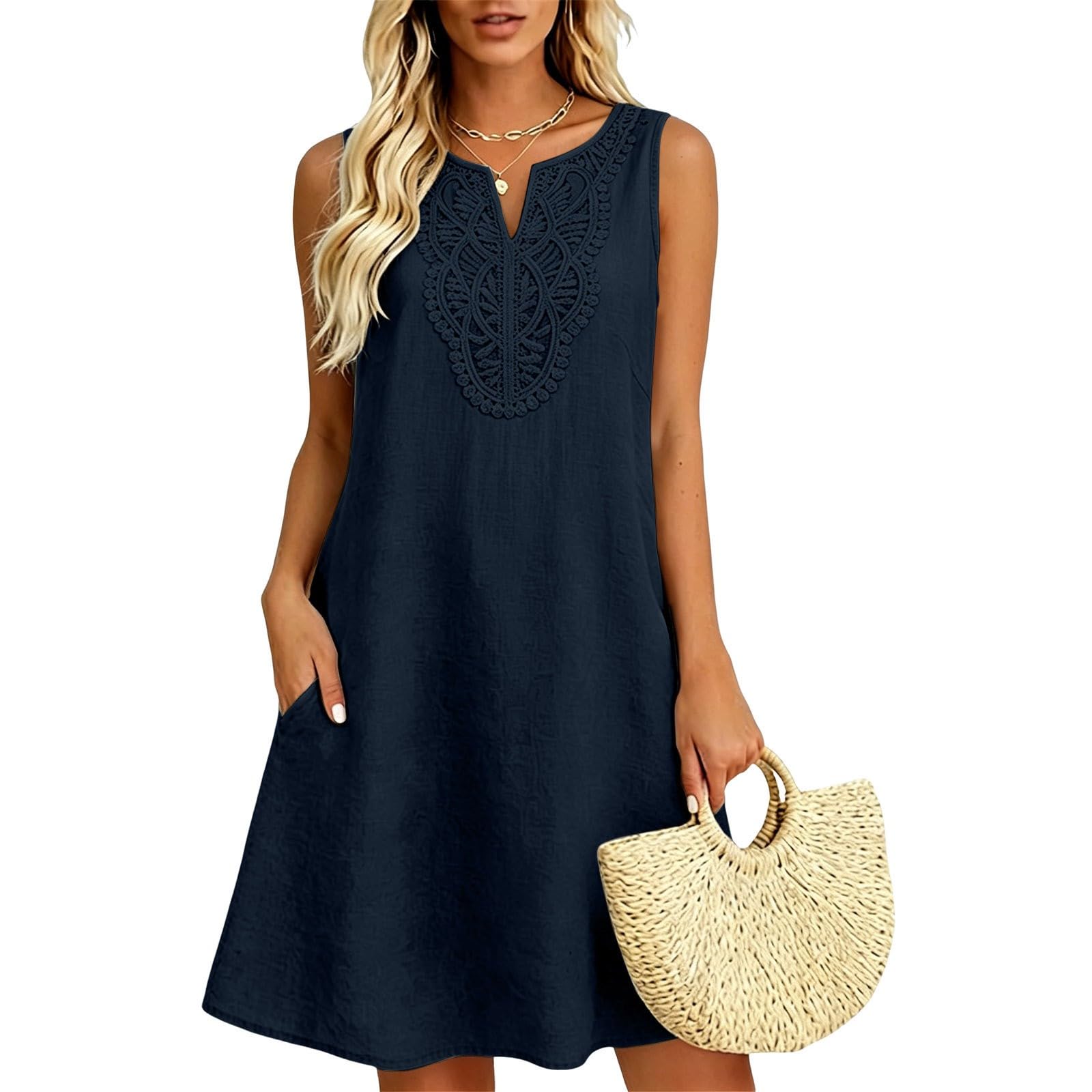 Vestido sin mangas para mujer, con curvas, ligero, vestido de verano a la moda, sin mangas | Elegante y transpirable con bordado, vestido hasta la rodilla con cuello en V, liso, para playa, vacaciones