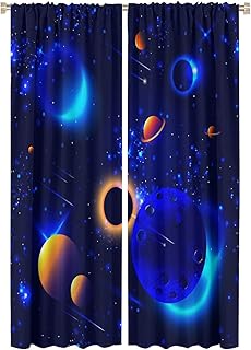 Outer Space Blackout Curtains Galaxy Solar System Planetary System Black and Blue Window Curtains for Kids Boys Girls Room Bedroom Decor Science Fiction Window Drapes 2 Panels 42x63in