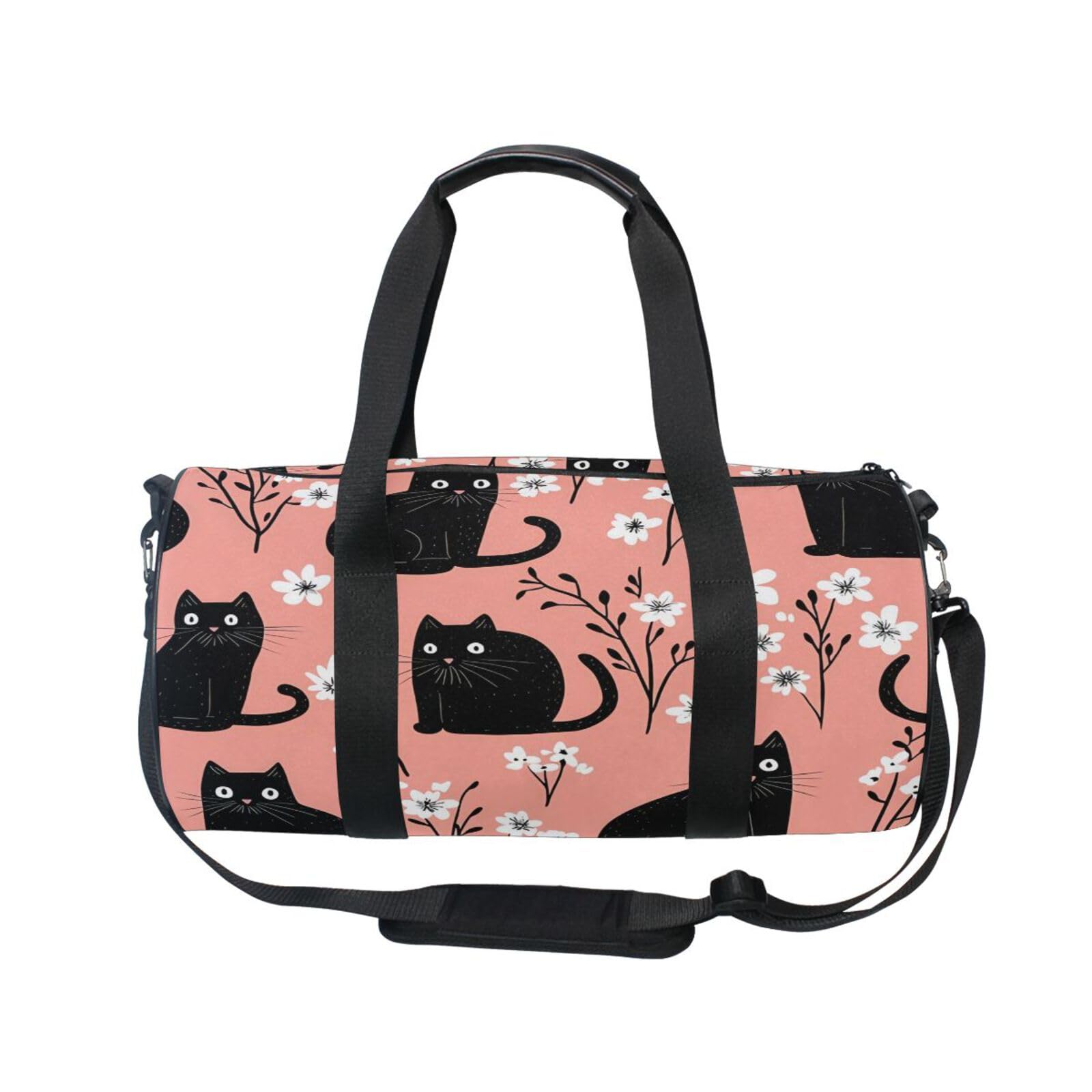 BOESI Doodle Black Cat and Flower Travel Gym Bag, Lightweight Sports Bag, Hand-carrying and Shoulder-carrying, Suitable for Men and Women