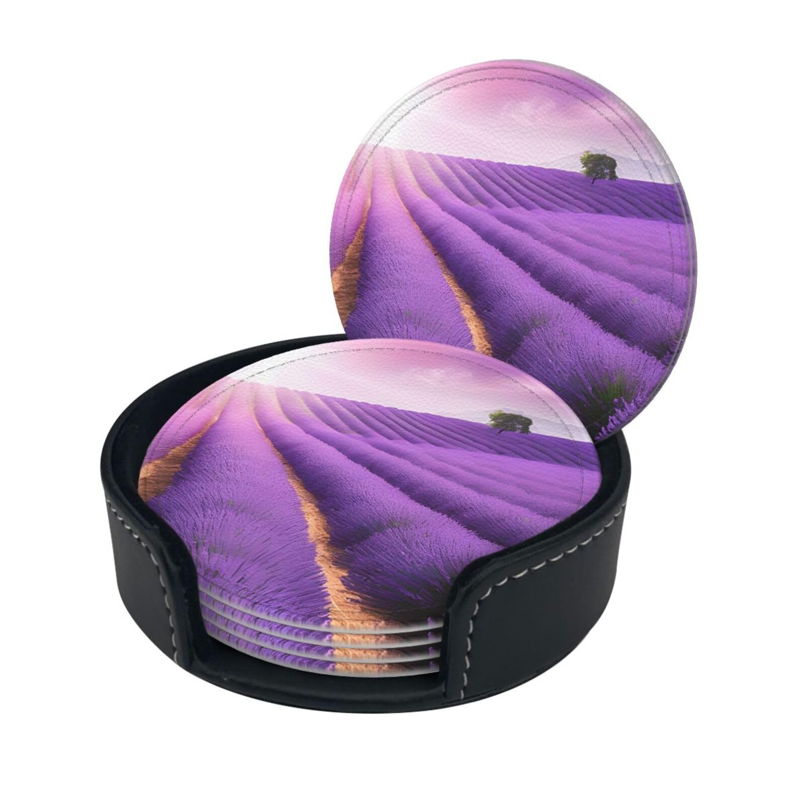 Romantic Purple Lavender Print Coaster,Round Leather Coasters with Storage Box for Wine Mugs,Cold Drinks and Cups Tabletop Protection (6 Piece)