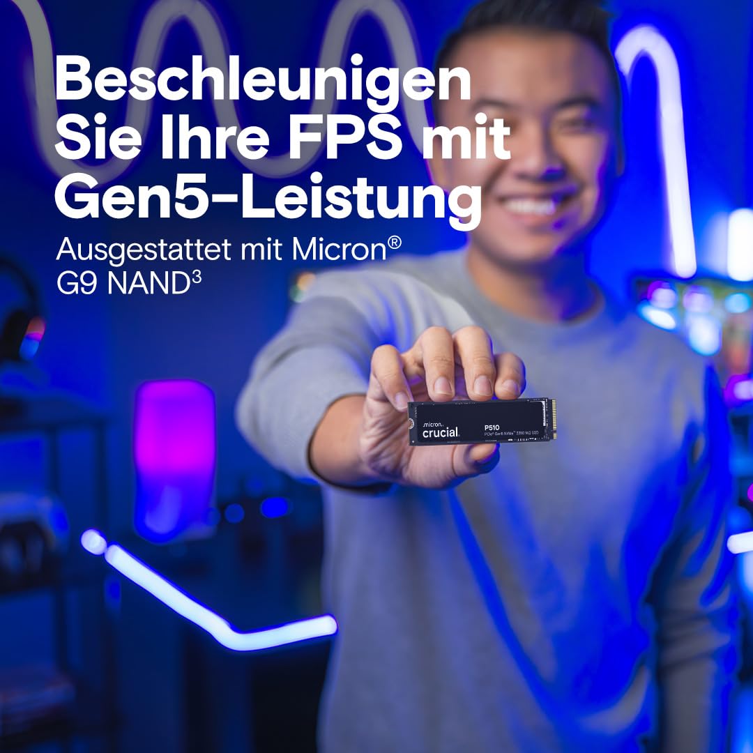 Crucial P510 SSD 1TB M.2 NVMe PCIe 5.0 x4 Gen5, bis zu 11.000 MB/s Lesen, 9.500 MB/s Schreiben, für Laptop und Desktop PC, TLC NAND, Interne Festplatte - CT1000P510SSD8-01
