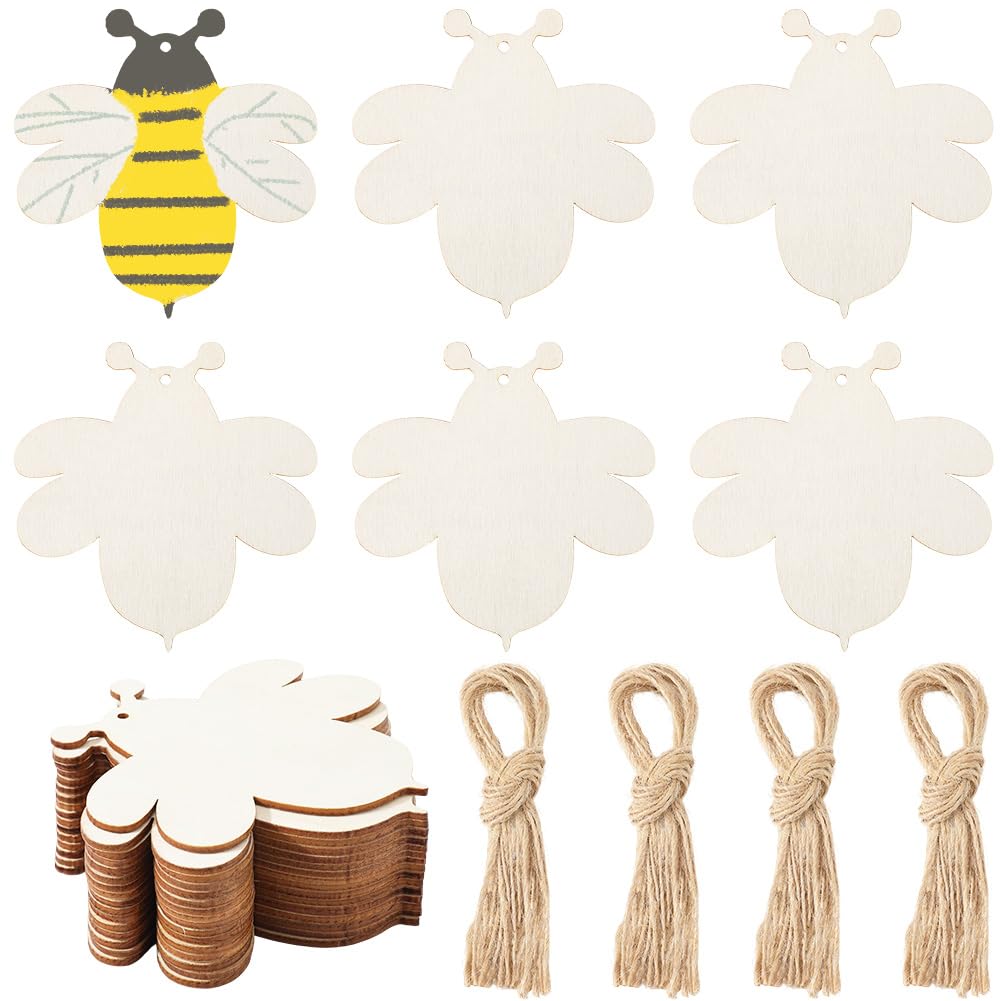 GORGECRAFT 20Pcs Blank Wood Bee Cutouts 10x9.7cm Unfinished Wooden Slices with Hole Hemp Ropes Wooden Bee Shape Hanging Ornaments Gift Tags for DIY Crafts Spring Summer Christmas Easter Home Decor
