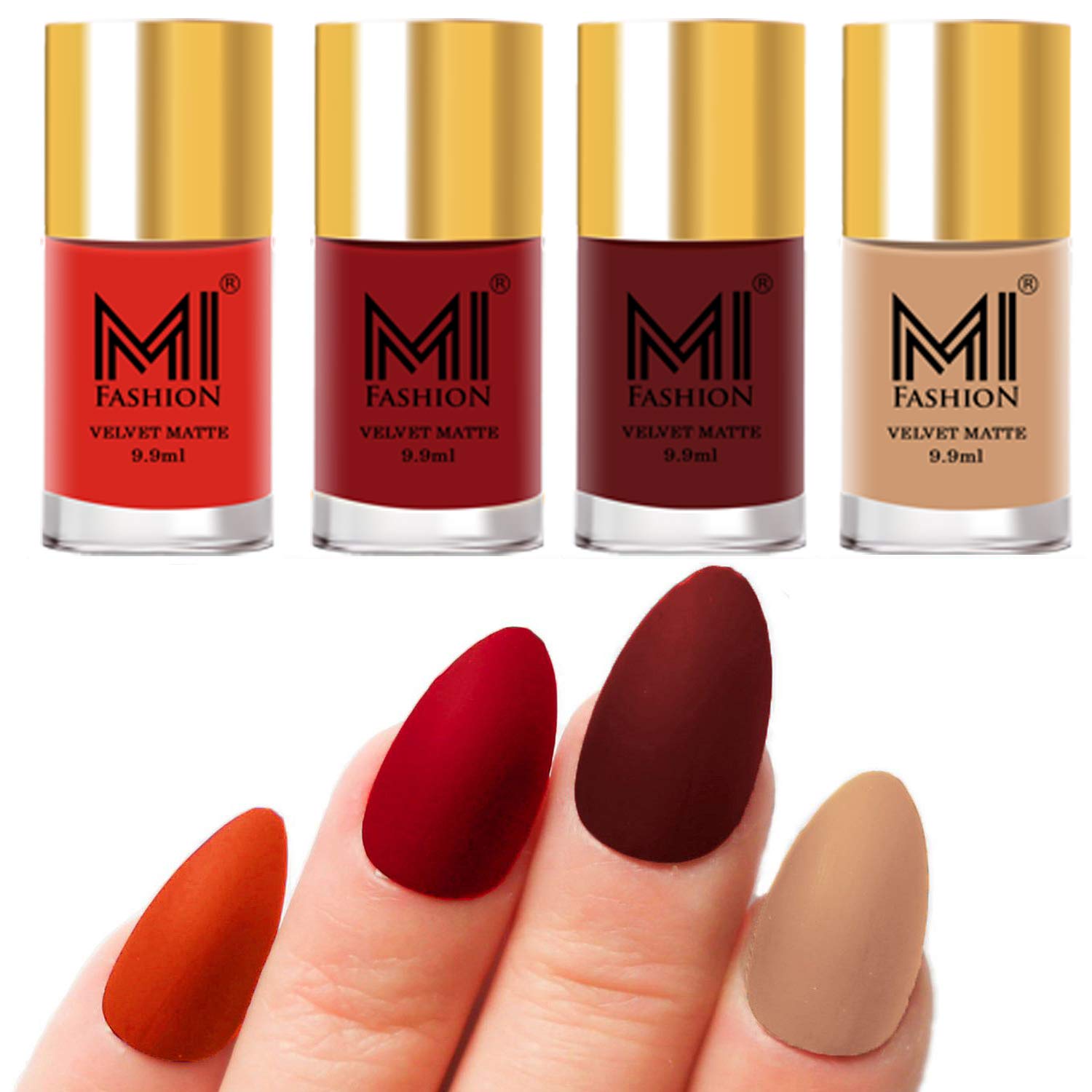 MI FASHION Velvet Matte Nail Paint Combo Sets Non-Stop, Rain Or Waterproof 9.9ml Orange, Tomato Red, Maroon, Nude (Pack Of-4)-image-28
