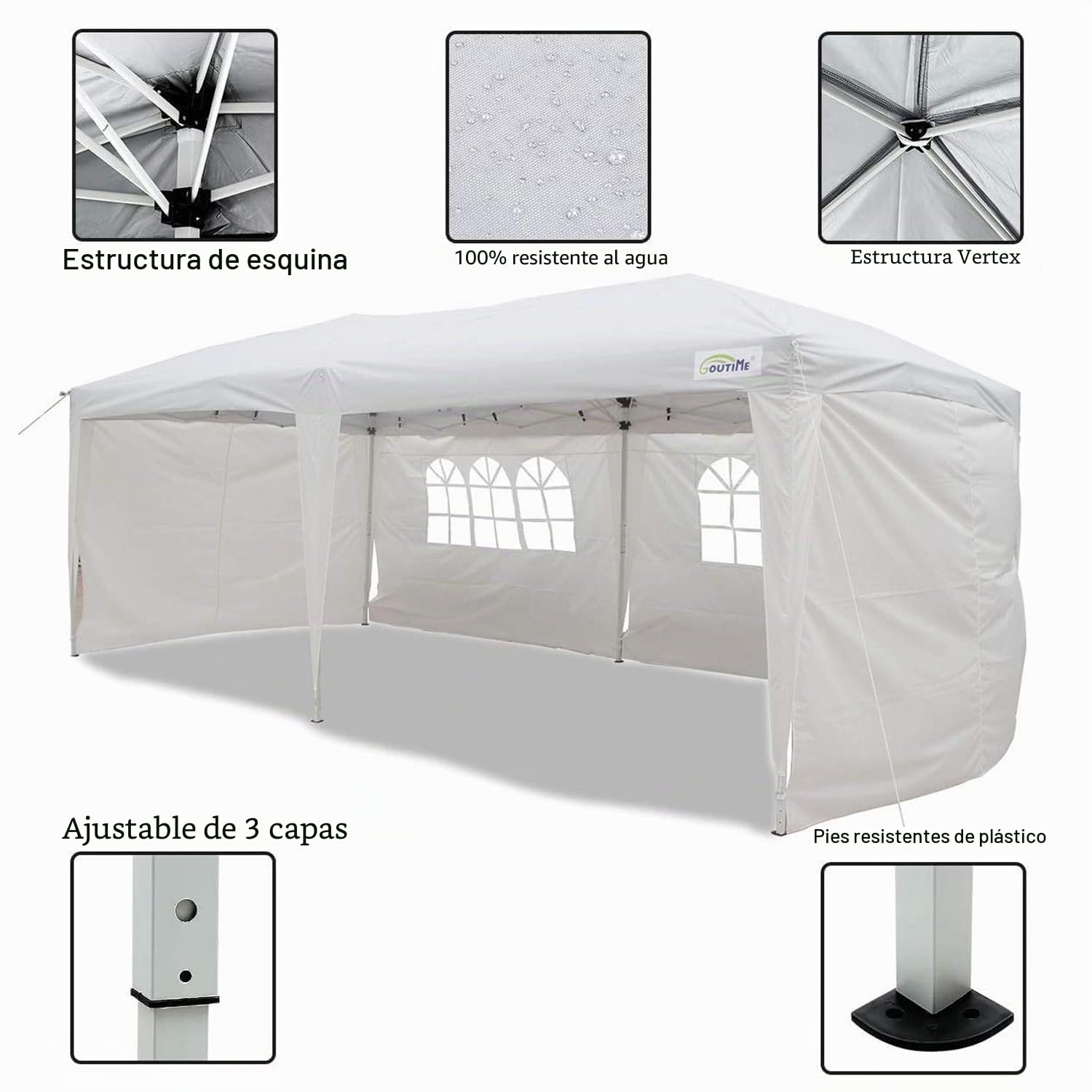 Goutime Pabellón Plegable Carpa para Fiestas Impermeable 3x6m con 4 Paredes Laterales Y Bolsa con Ruedas, Pabellón de jardín para Bodas Exterior Carpas y cenadores para Patio(Blanco)