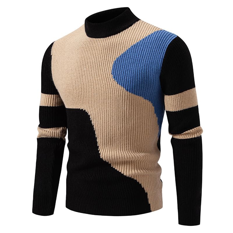 Men's Stand up Collar Color Blocked Pullover Sweater, Casual Loose Oversized Knit Sweater3
