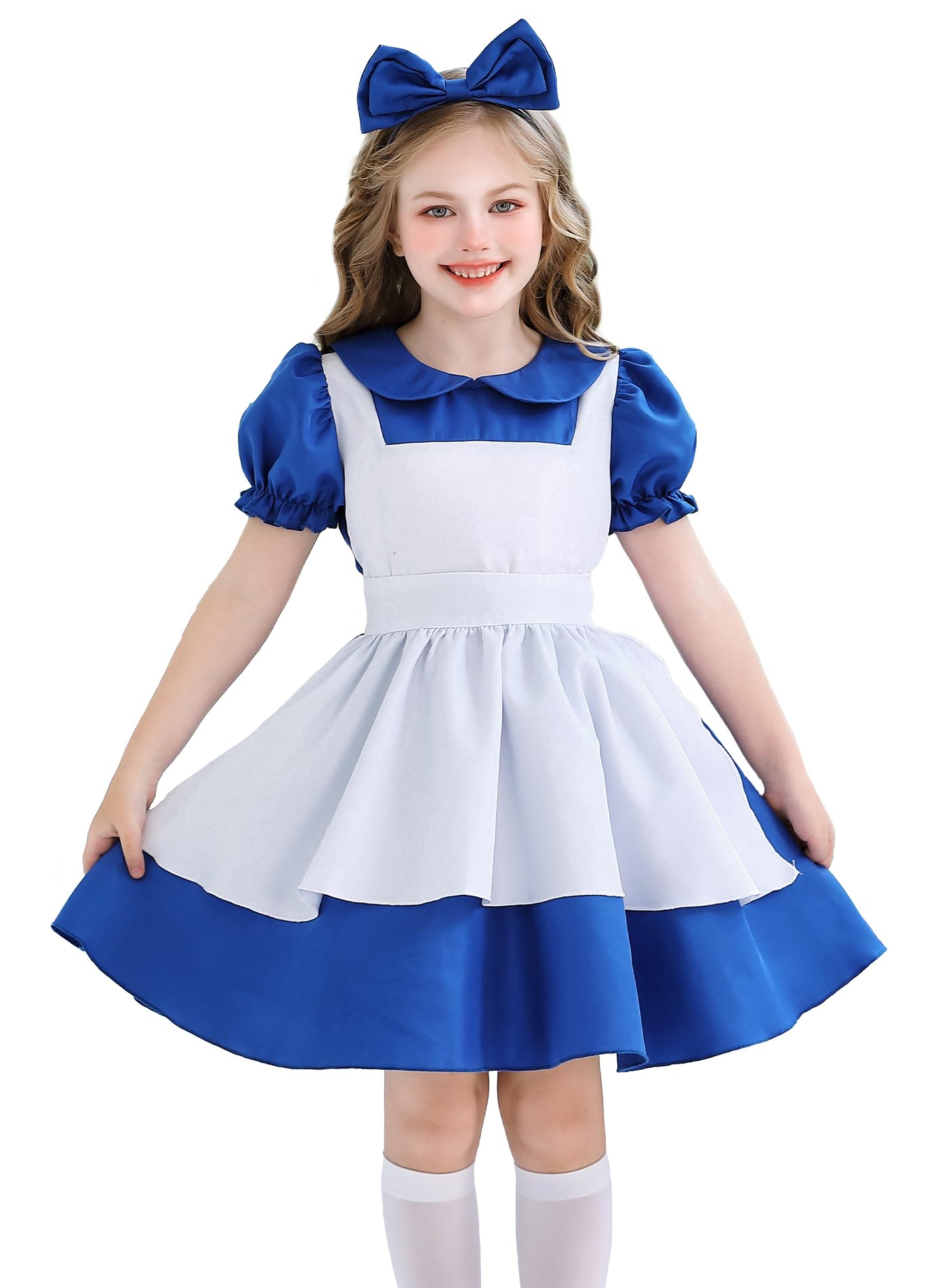 Girls Halloween Cosplay Anime Party Uniform with Apron Headwear Kids Princess Dress Apparel Set Dark Blue 4-5 Years