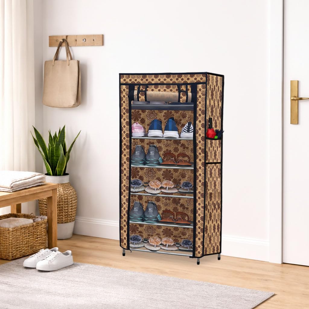 6-Tier Shoe Rack, Shoe Storage Cabinet with Dustproof Cover, Free-Standing Shoe Storage Organizer for Closet, Entryway, Hold 24+ Pairs of Shoes, for Sneakers, High Heels - Flower Print-image-8
