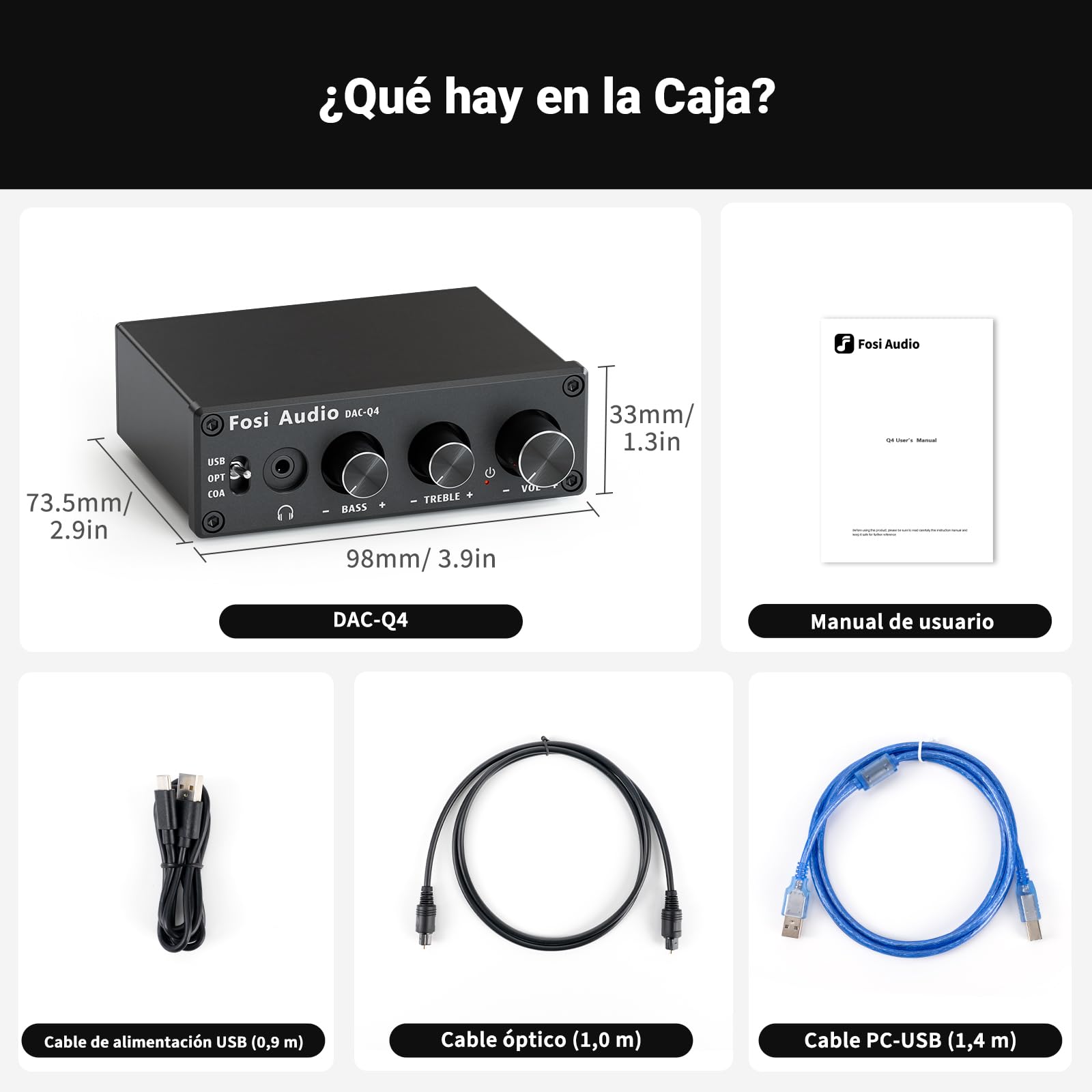 Fosi Audio Q4 Amplificador de Auriculares Convertidor DAC, Mini Amplificador Estéreo Digital a Analógico, USB Coaxial Óptico a Conector AUX RCA de 3,5MM, para Altavoces Activos de Escritorio