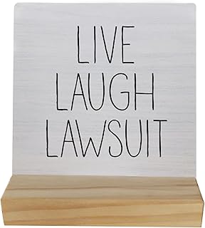 Ayxvt Lawyer Gifts for Women Men, Live Laugh Lawsuit Wooden Plaque Sign, 4 x 4 Inches, White, Modern, Rectangular, Tabletop, With Wooden Stand