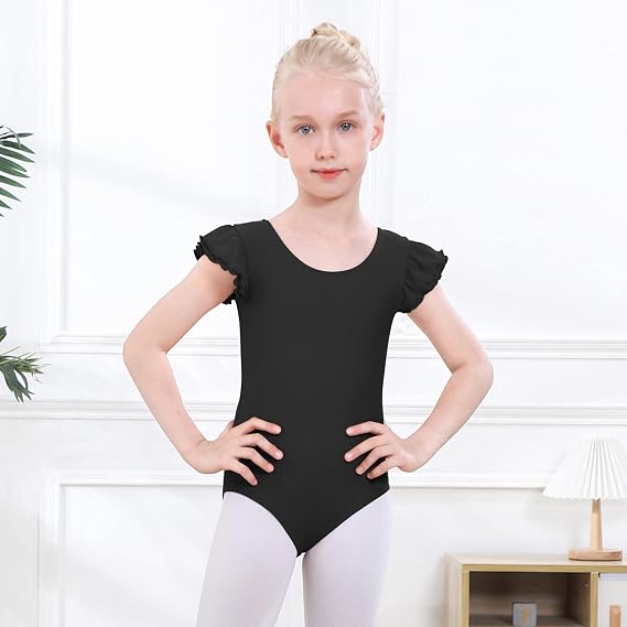 YgneeDom Girls Leotard Ruffle Short Sleeve Crisscross Back for Dance Gymnastics Ballet 3-12 Years