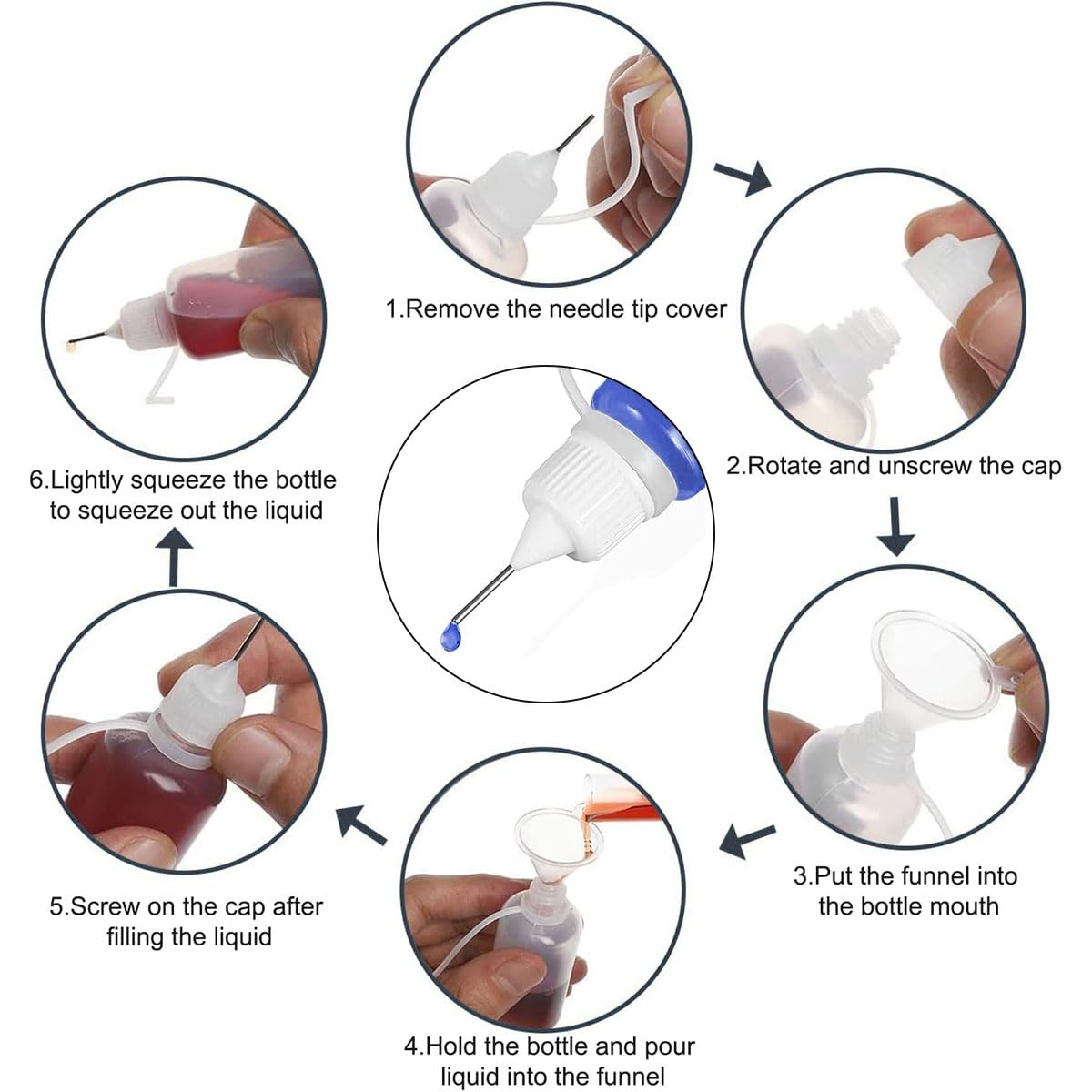 Aplicador de Pegamento Aplicador de Precisión, 10ml Aplicador de Botella de Pegamento, 8 Piezas Botellas de Agujas con 2 Embudos Y 2 Puntas de Aguja de Pipeta, Botella de Pegamento de Plástico