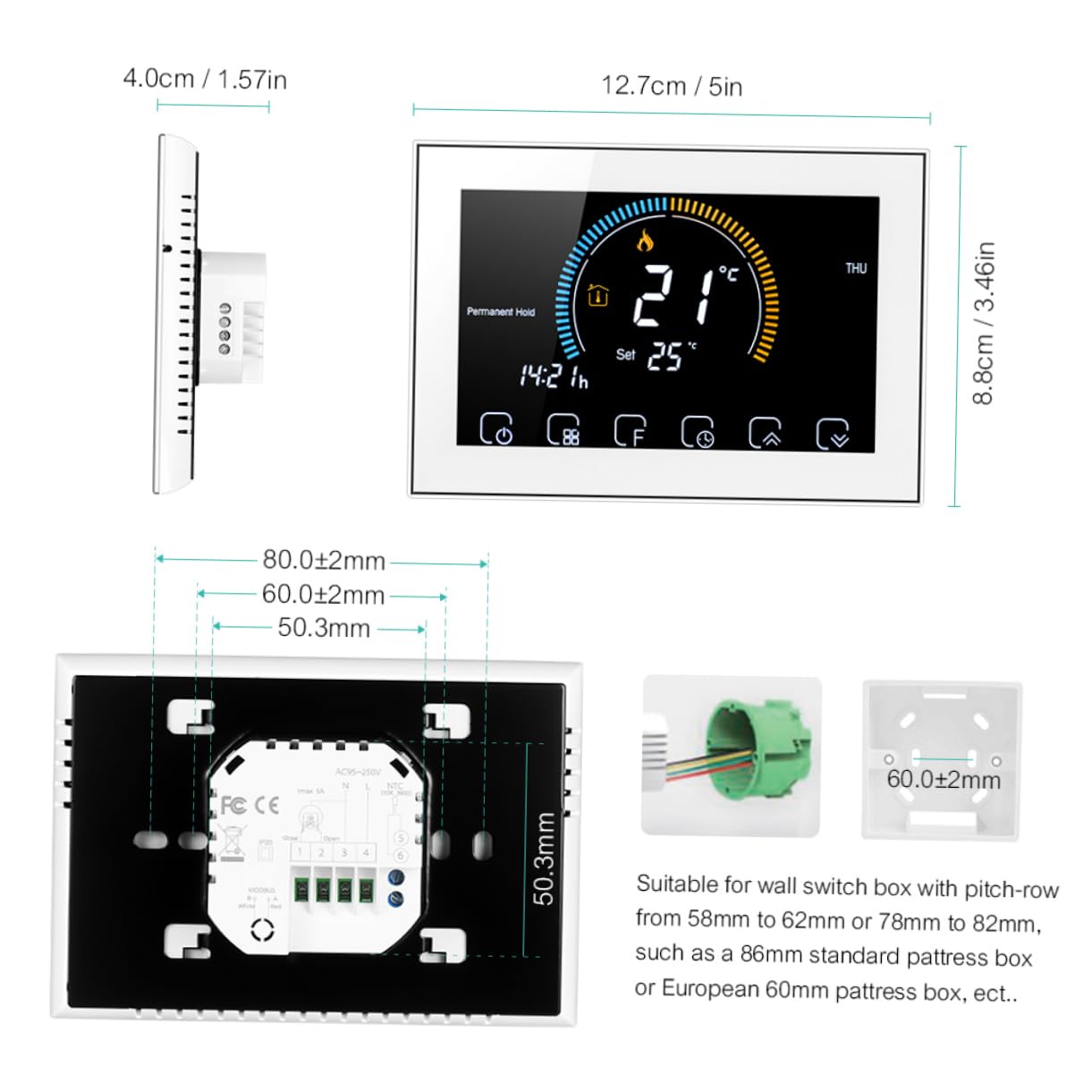NUOBESTY Smartes Thermostat Mit Farb-LCD Und Touchscreen Geeignet Kassetten Euro-runddosen Komfortable Temperaturregelung