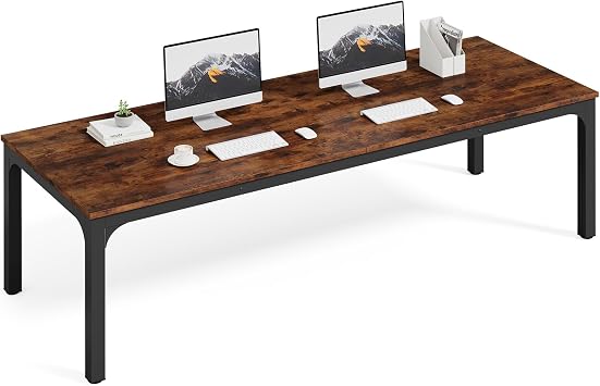 LITTLE TREE Two Person Desk, 78.7 Inches Extra Long Computer Desk, Wooden Large Office Desks with Strong Metal Legs, Double Desk for 2 People, Writing Study Table for Home Office, Brown & Black