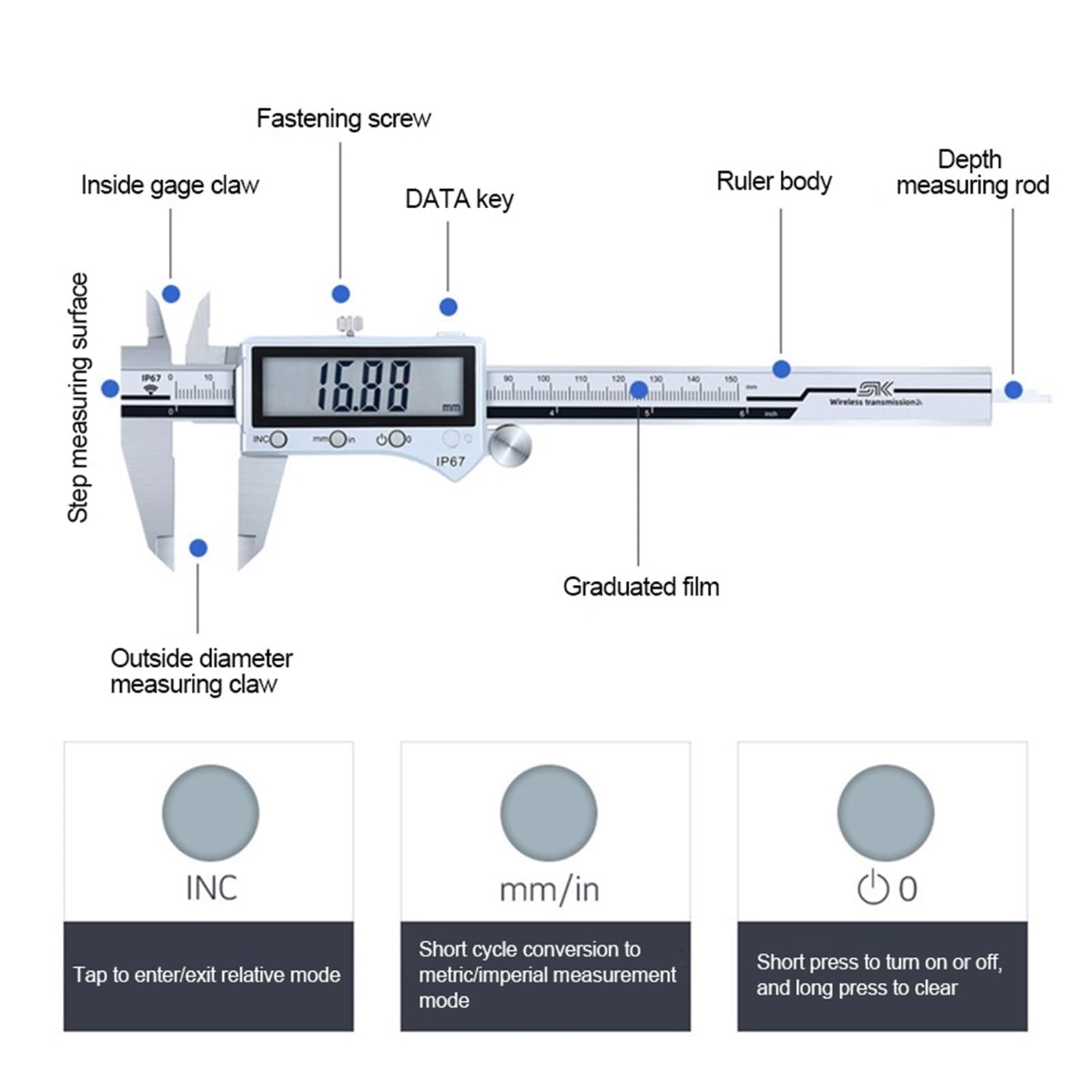 Micrómetro, Calibrador Vernier Digital electrónico, calibrador resistente al agua de 0-150/200/300mm, acero inoxidable con/sin Bluetooth(Bluetooth 0-300mm)
