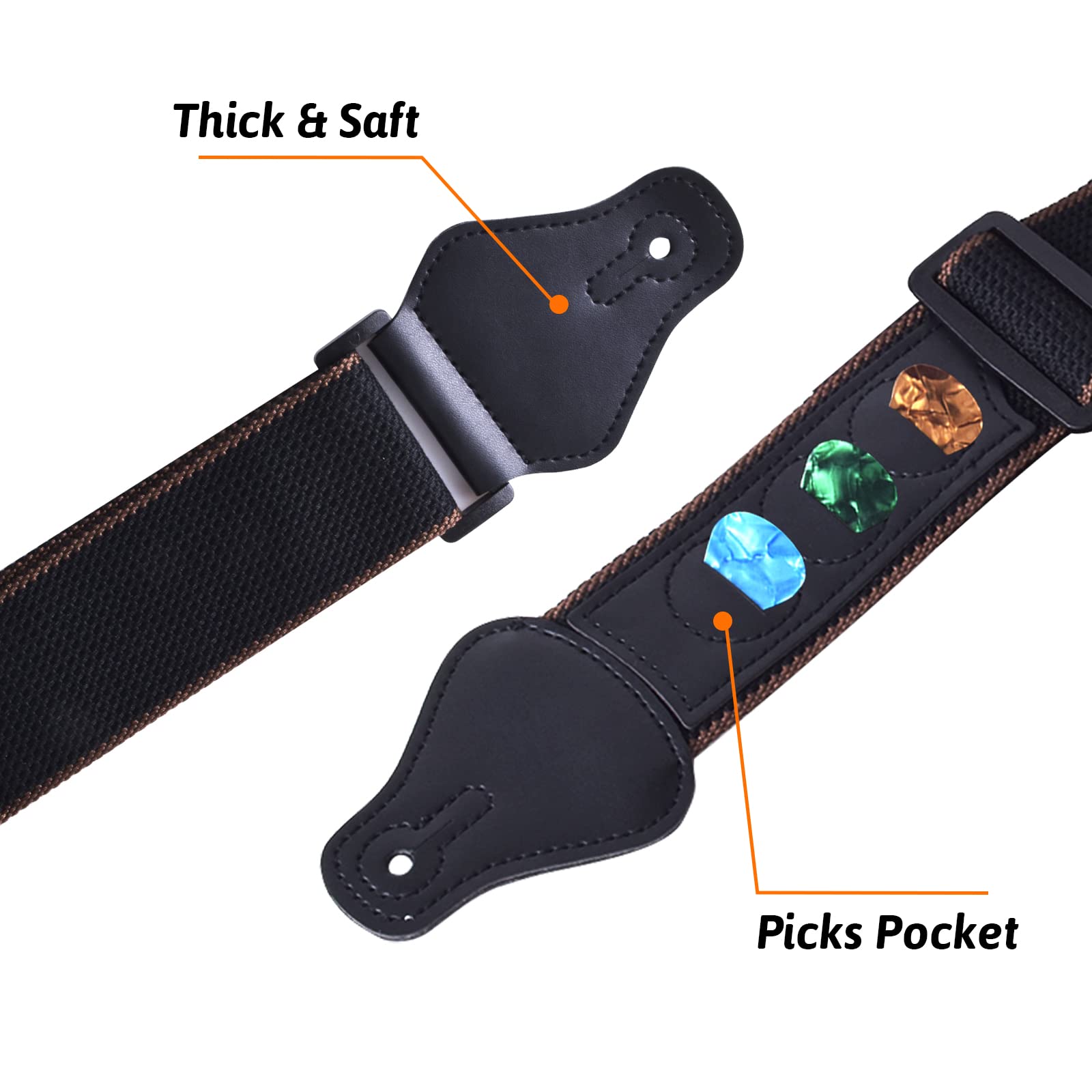 Lot de 4 Sangle de guitare avec extrémités en cuir Courroie de Guitare Longueur réglable avec 10 médiators verrous de sangle pour guitares basses électriques et acoustiques