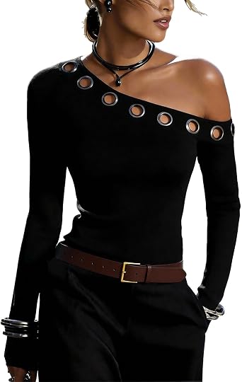 stylewe Womens Off Shoulder Tops Long Sleeve Shirts Slim Fit Sexy Asymmetrical Tops