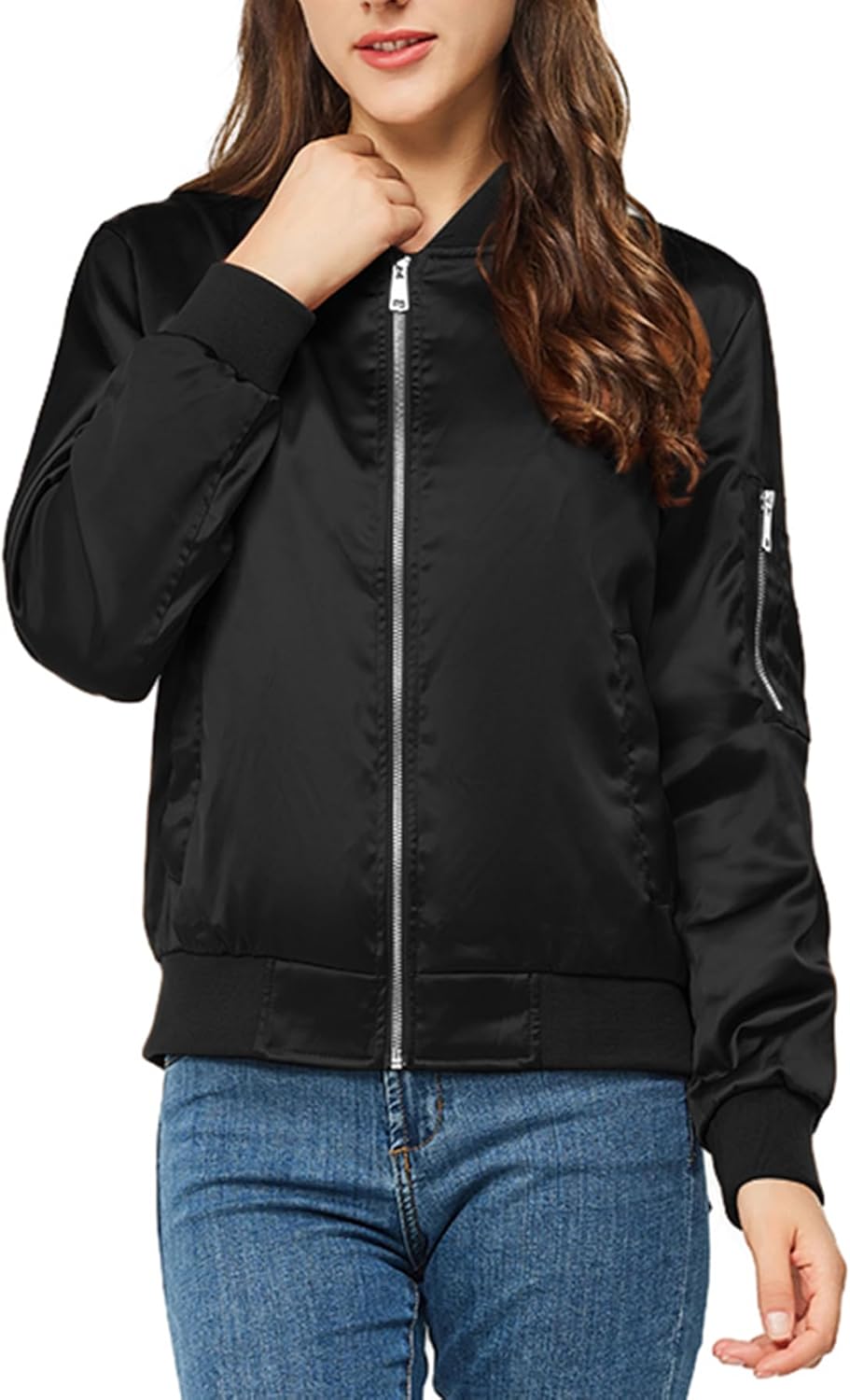 Satin Bomber Jacket Women Casual Fall Varsity Jackets Zip Up Outerwear Windbreaker with Pockets - Image 5