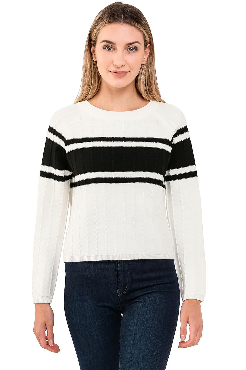 Women Striped Knitted Lilac & White Crew Neck Pullover Long Sleeve Top Winter Wear,Soft Knit Pullover TOP T-Shirt DN4566-image-14