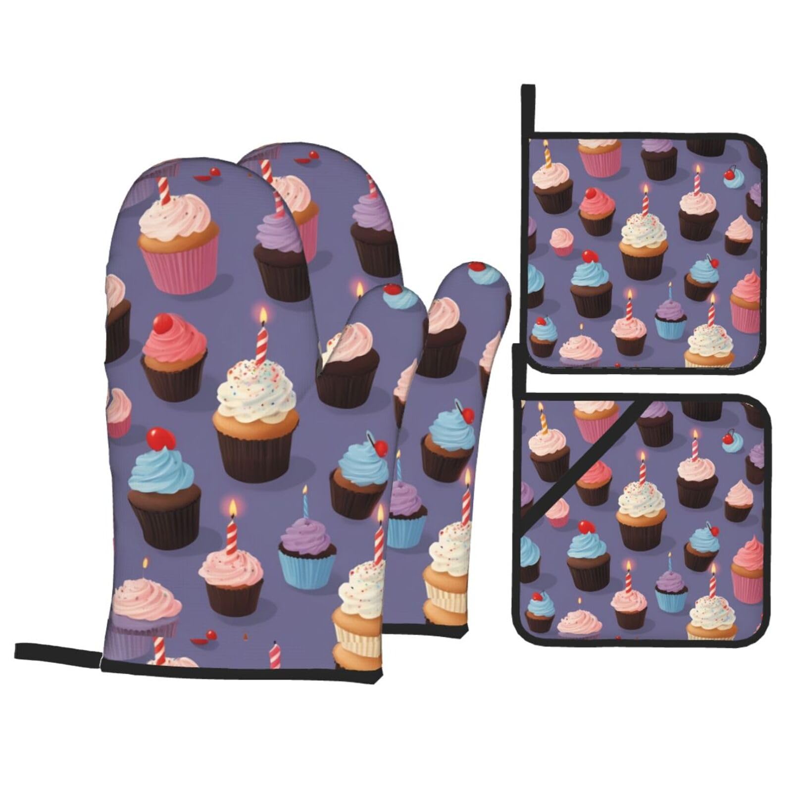 HJFCZH Birthday Cupcakes Picture Kitchen Baking Set of 4 Thick Insulated Oven Mitt & Pot Holders, Anti-Scalding for Microwave, Oven, Outdoor BBQ