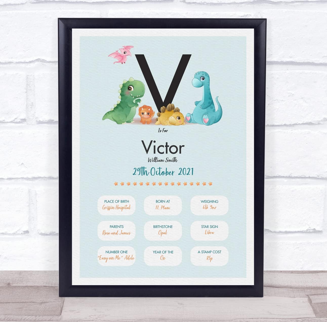 New Baby Birth Details Christening Nursery Dinosaur Initial V Gift Print