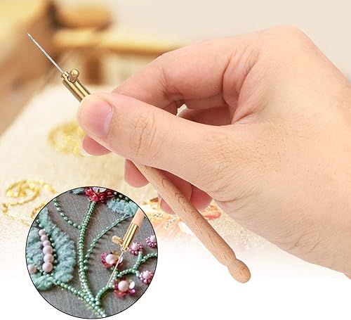 Miniatura 3 de Juego de agujas de bordado de ganchillo, estilo francés, con mango de madera, herramientas de bordado de cuentas con 3 cabezales de agujas