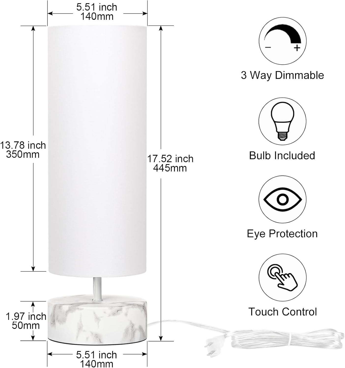 Touch Table Lamp with Metal Base Covered with Marble Grain, 3 Way Dimmable Modern Bedside Nightstand Lamp with White Shade, Simple Night Light for Bedroom Living Room Home Office, LED Bulb Included White Marble Base with White Shade