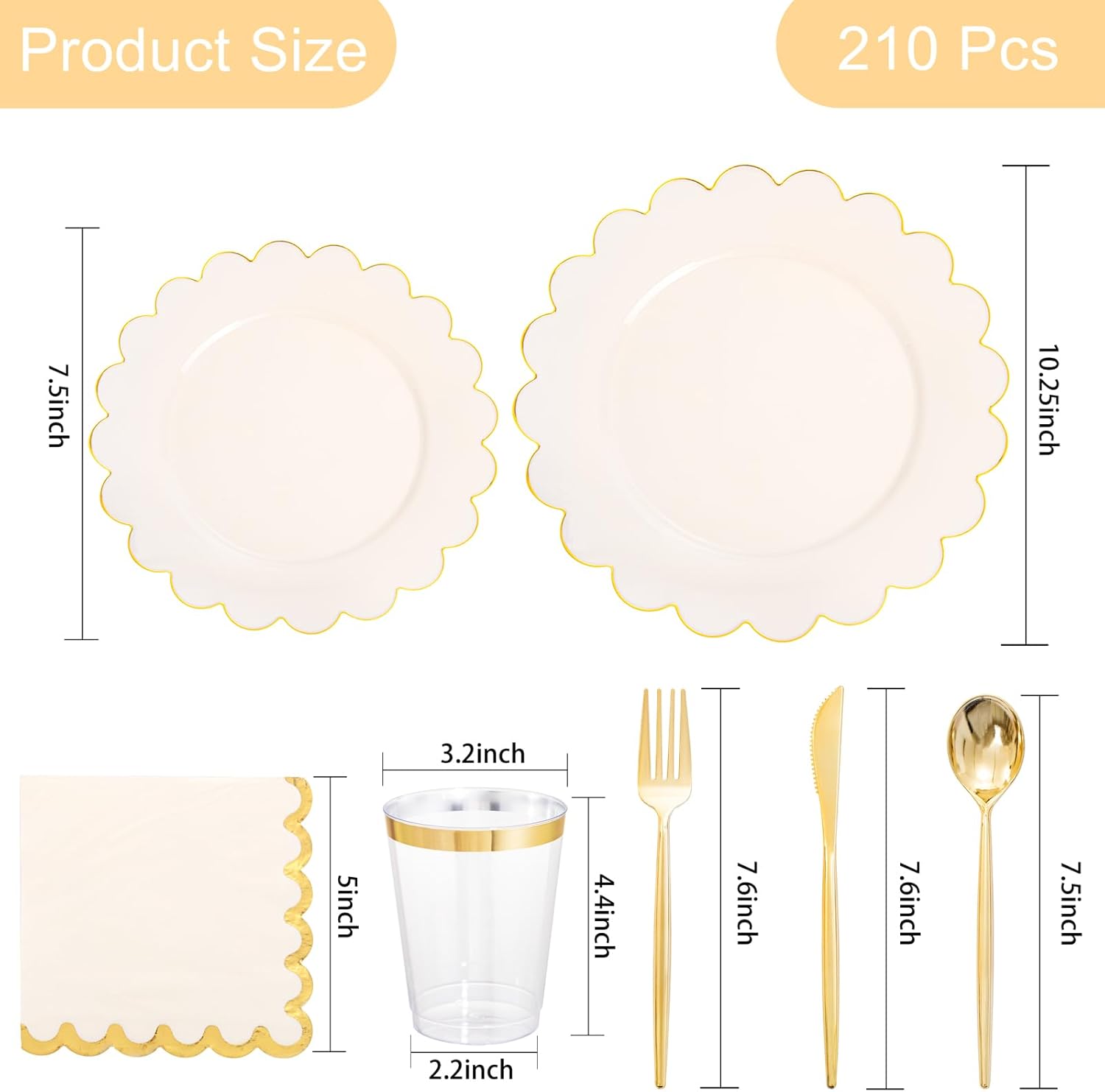 LIYH 210 Pcs Ivory Plastic Plates Scalloped Plastic Plates Disposable Dinnerware Set Cream Gold Scalloped Plate Include Plate Gold Silverware Napkins Cup for Birthday Valentine's Day 30 Guests