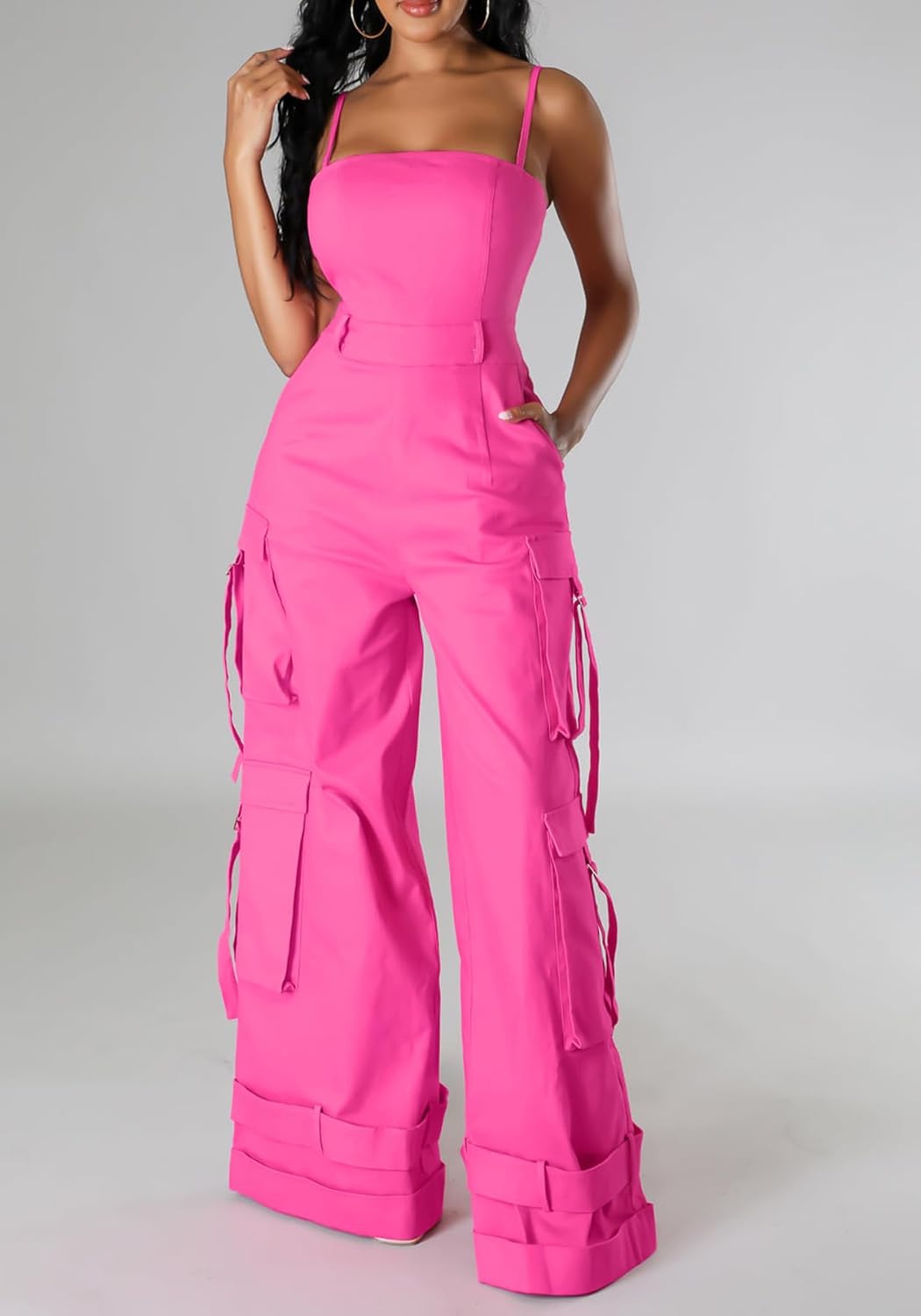 Tbahhir Women Casual Cargo Jumpsuits Sleeveless Strap High Waisted Jumpsuit Wide Leg Romper with Pockets Party Club - Image 5
